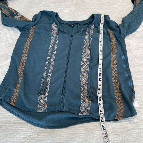 American Eagle blue embroidered top tassel tie shirt S - Picture 7 of 11